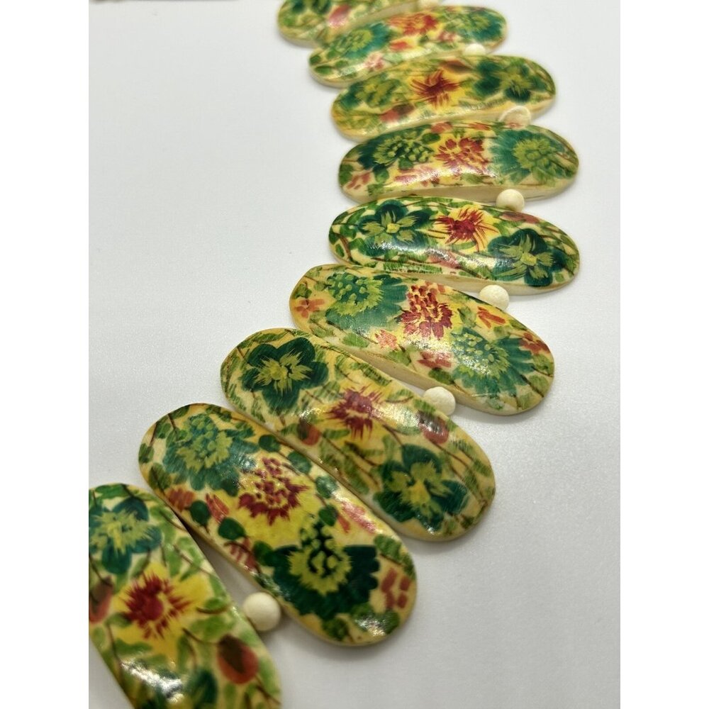Vintage bone link Necklace with Hand Painted Floral Patterns - Picture 2 of 8